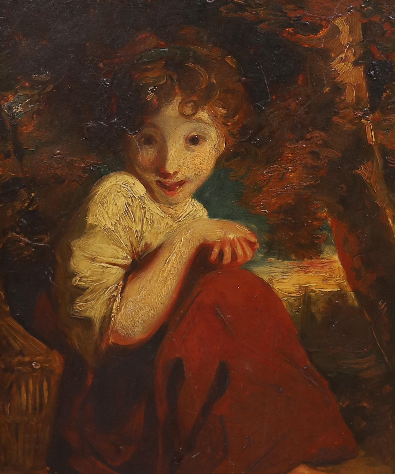 After Sir Joshua Reynolds P.R.A. (British, 1723-1792), Girl with a bird, oil on mahogany panel, 30.5 x 25cm
